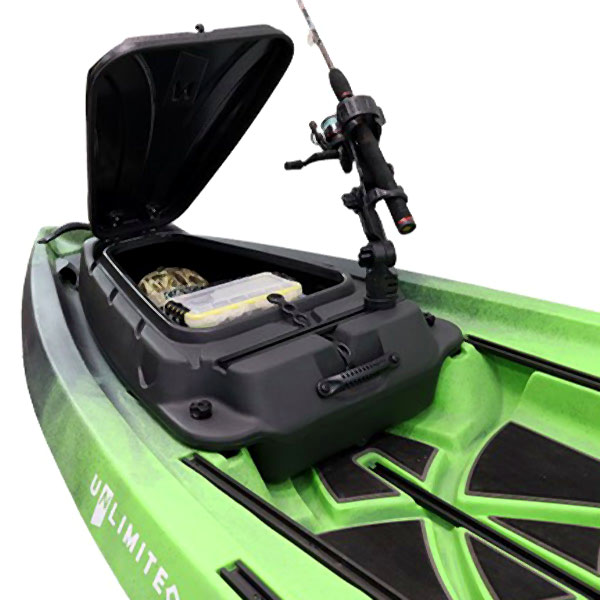 NuCanoe GearPod atviras su žvejybos įranga viduje